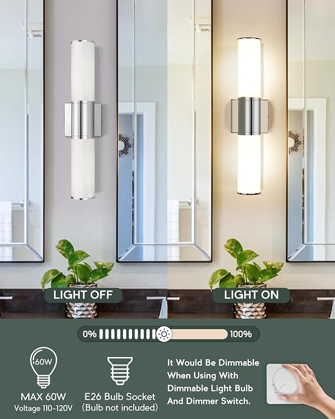 Bathroom Light Fixtures, 2-Light Vanity Lights for Mirror with Milk Glass Shade, Chrome Up and Down Wall Sconces for Bathroom Bedroom Hallway, VL834-CH-ML