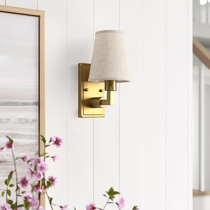 Wall Sconce 1-Light Fixture Antique Finish with Linen Fabric Shade, E26 Hardwired Indoor Wall Light for Vanity Bathroom Living Room Bedside Nightstand Light