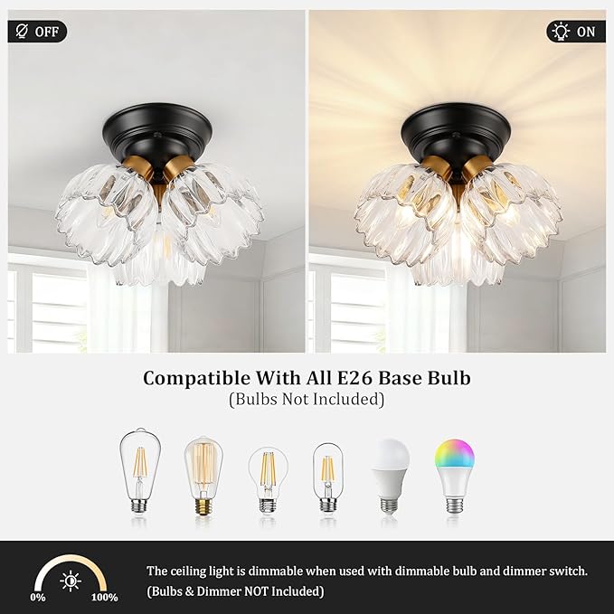 TALOYA Semi Flush Mount Ceiling Light,3-Light Close to Ceiling Light Fixtures with Clear Tulip Glass Shades Modern Farmhouse Lighting Fixtures for Hallway Corridor Kitchen Bathroom Bedroom Passway