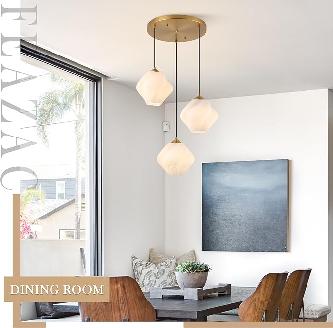 3-Light Cluster Pendant Lights, Mid Century Modern Cluster Chandelier with Milk White Glass, Brass Gold Pendant Lighting for High Ceiling, Kitchen Island, Staircase, Dining Room, Living Room