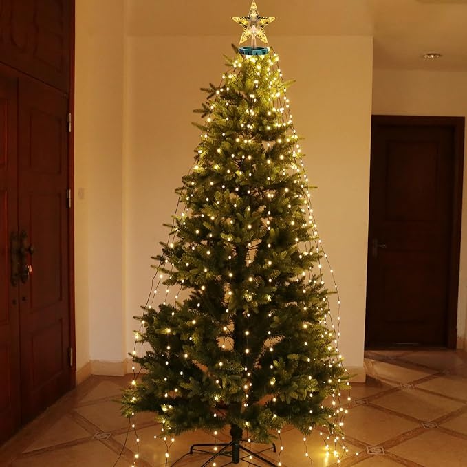 Christmas Tree Lights with Star Topper, 400LED Christmas String Lights with Ring for Tree, 6.6FT x 16 Lines Fairy Lights with 8 Modes Timer Remote for Indoor Outdoor Xmas Tree Decor, Warm White