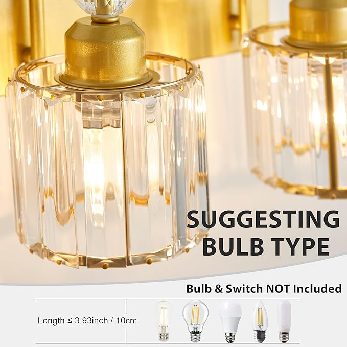 Bathroom Vanity Light Fixtures Over Mirror - Makeup Lighting Pure Gold - for Modern Wall, Bath, Desk, Farmhouse, Hallway 3 Crystal Lights