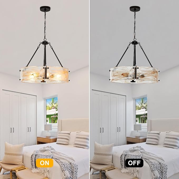 WILON Chandeliers for Dining Room, Modern Glass Pendant Light Fixtures,6-Light Foyer Kitchen Lighting Fixtures Textured Hanging Lights for Bedroom, Bathroom, Laundry Room, Entryway, Hallway (Black)
