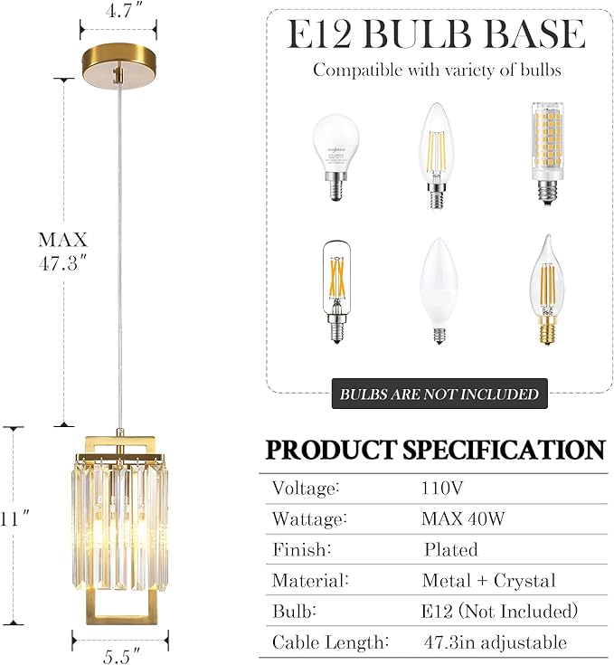 Modern Crystal Pendant Light Fixture 1-Light Gold Stainless Steel Hanging Lighting Crystal Chandelier for Kitchen Island Dining Room Bedroom, 1 Pack