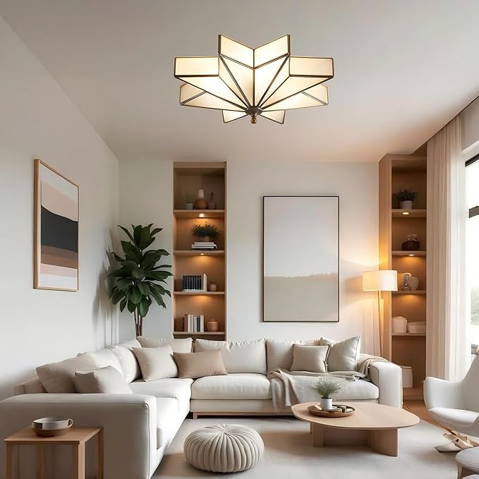 LIGHTLAND 19.7 Inch Flush Mount Star Ceiling Light, 4 Lights Brass Ceiling Lamp with Glass Lampshade, Art Deco Close to Ceiling Light Fixtures for Bedroom Living Room Entryway Hallway, Bronze Color