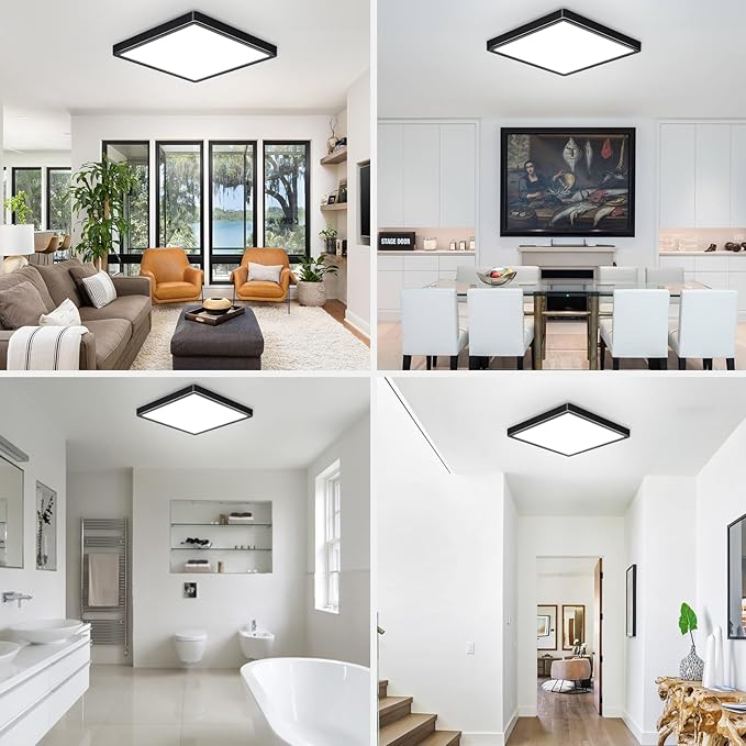 12 Inch 24W LED Flush Mount Ceiling Light Fixtures, 3000K/4000K/6000K Adjustable LED Ceiling Light, 2800LM Bright Flat Square Ceiling Light Fixture for Bedroom, Kitchen, Hallway (Black-6 Pack)