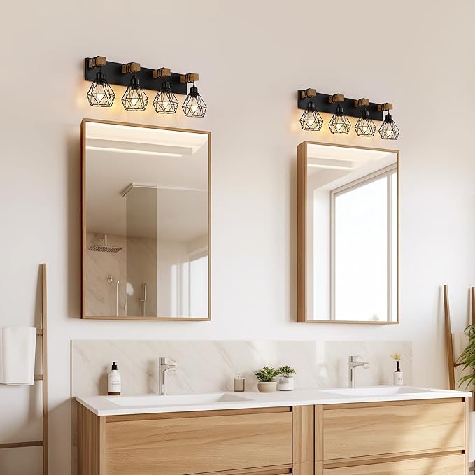 4 Light Farmhouse Vanity Light for Bathroom, Wood Bathroom Vanity Light Fixtures Over Mirror, Rustic Sconces Wall Lighting with Metal Lampshade for Living Room, Bedroom, Hallway