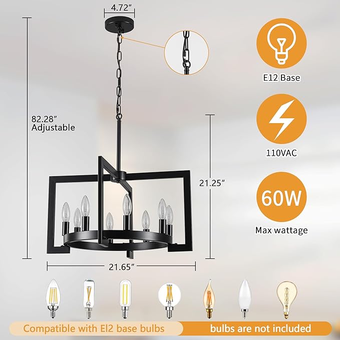 21.65" Modern Black Chandelier 8-Lights Geometric Industrial Round Pendant Light, Hight Adjustable, Vintage Light Fixtures for Kitchen Island Dining Room Living Room and Foyer