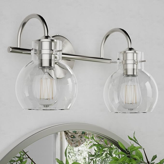 2-Light Bathroom Light Fixtures, Brushed Nickel Vanity Light with Clear Glass Shade,Modern Wall Sconce for Mirror Bath Bedroom Hallway Farmhouse Kitchen