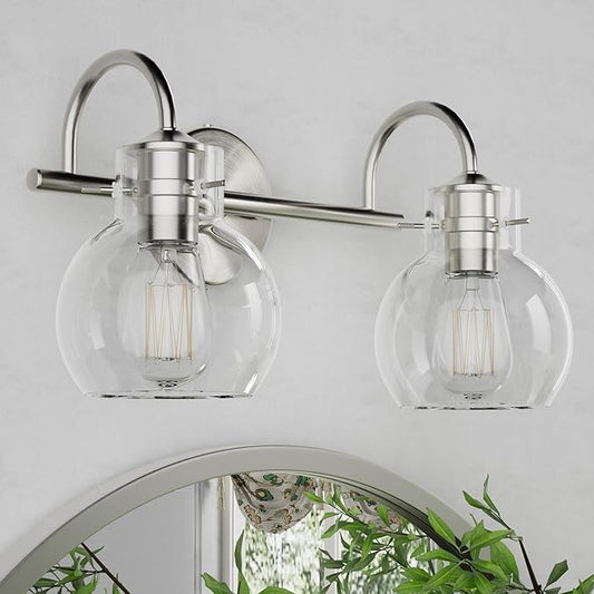 2-Light Bathroom Light Fixtures, Brushed Nickel Vanity Light with Clear Glass Shade,Modern Wall Sconce for Mirror Bath Bedroom Hallway Farmhouse Kitchen