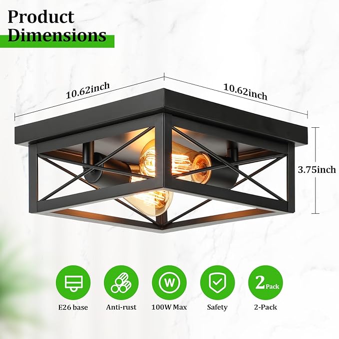 2-Light Industrial Square Flush Mount Ceiling Light, Farmhouse Ceiling Light Fixture for Kitchen, Modern Black Close to Ceiling Light for Hallway Bedroom Balcony Porch Stairway, E26, 2-Pack