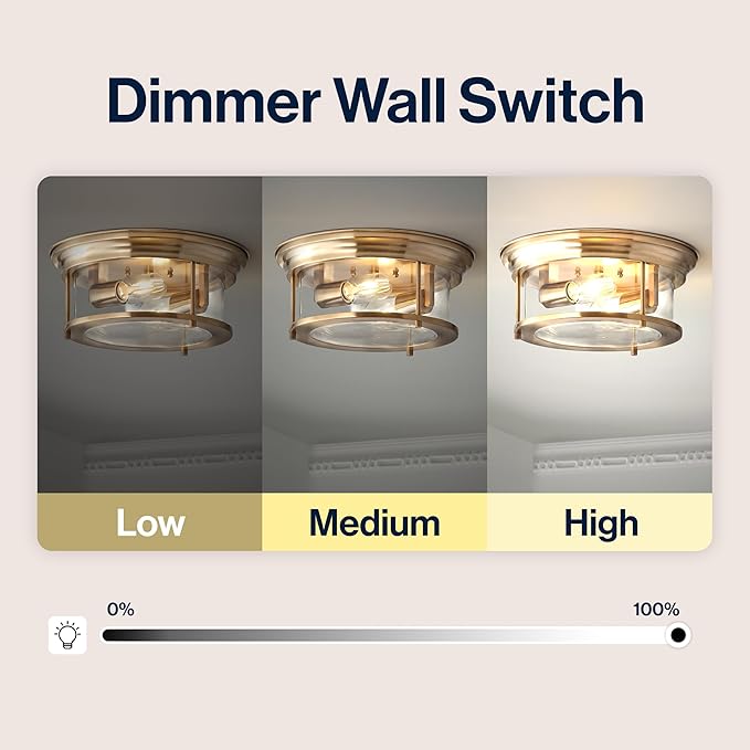 JONATHAN Y 13.25" Brass Gold 2-Light LED Flush Mount Ceiling Light Fixture, Modern Clear Glass Drum Shade, Industrial Farmhouse Lighting for Kitchen Hallway Bedroom JYL7446A