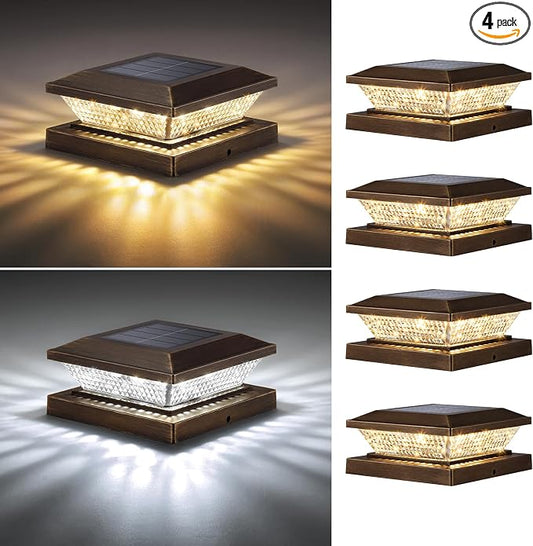 Mlambert 4x4 Solar Post Cap Lights Outdoor 4 Pack, Waterproof Solar Fence Light for Wooden/Vinyl Post, 2 Color Outside Deck Patio Porch Decor, Brown