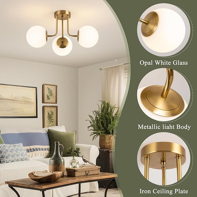 3-Light Frosted Globe Glass Ceiling Lights, Modern Semi Flush Mount Ceiling Light, Gold Sputnik Chandelier Lighting Fixture for Bedroom Living Room Entryway (Bulb Included)