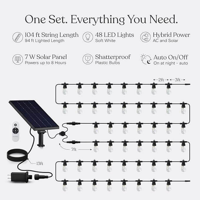Brightech Ambience Hybrid Outdoor String Lights - Dual Plug and Solar Powered Waterproof LED Light String for Outside - Dimmable Color Changing Edison Bulbs for Camping, Patio, Cafe, Yard - 104ft, 7W