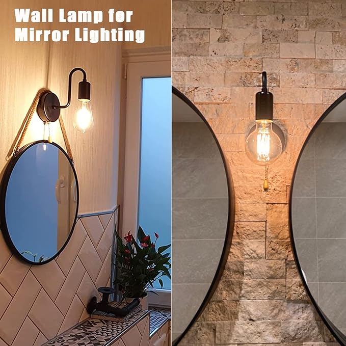 Vintage Pull Chain Wall Sconce Light with Switch Black Wall Lights Fixture Retro E26 Industrial Farmhouse Wall Lamp Hard Wired Sconces Lighting for Mirror Bedroom Bathroom Hallway (1-Light)