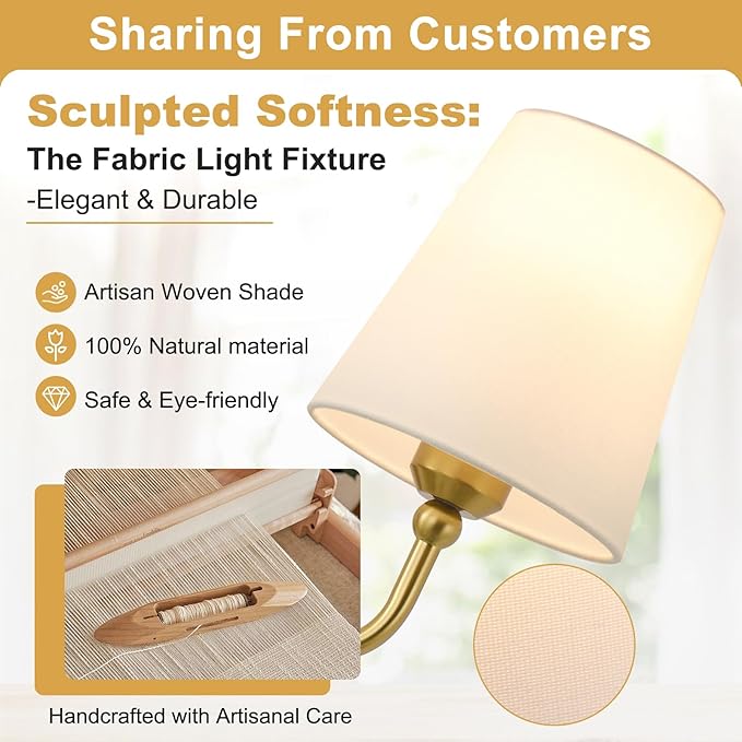 Bathroom Light Fixtures, 3-Light Brushed Gold Vanity Lights, 24.5" Bathroom Lighting Fixtures Over Mirror with Flared White Fabric Shade, Modern Wall Sconces for Bedroom Living Room Hallway