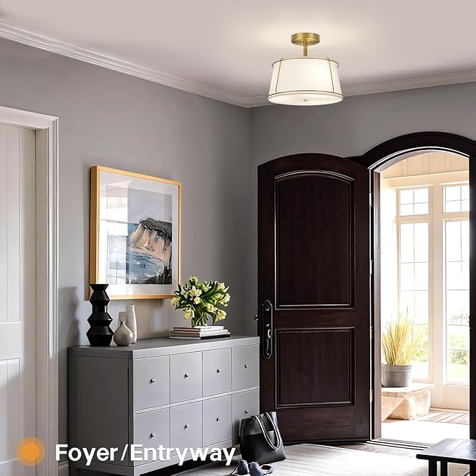 13'' Semi Flush Mount Ceiling Light Fixture, 3-Light Gold Light Fixtures Ceiling Mount with White Drum Fabric Shade,Modern Close to Ceiling Light for Bedroom Dining Room Kitchen Hallway (Adjustable)