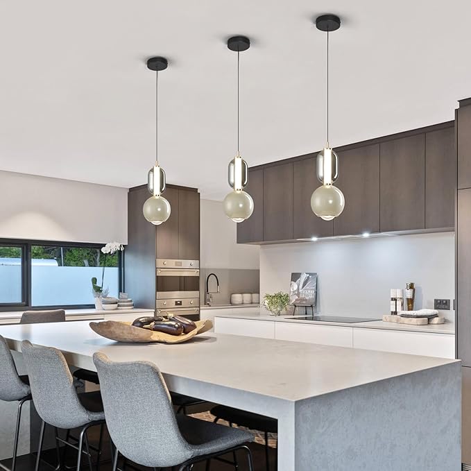 Modern Glass Pendant Light, Griege Pendant Lighting LED Dimmable, Adjustable Pendant Lights Kitchen Island Dinning Room,Bedroom,Bar, Kitchen Island Ceiling Hanging Light Fixtures(1-Pack)