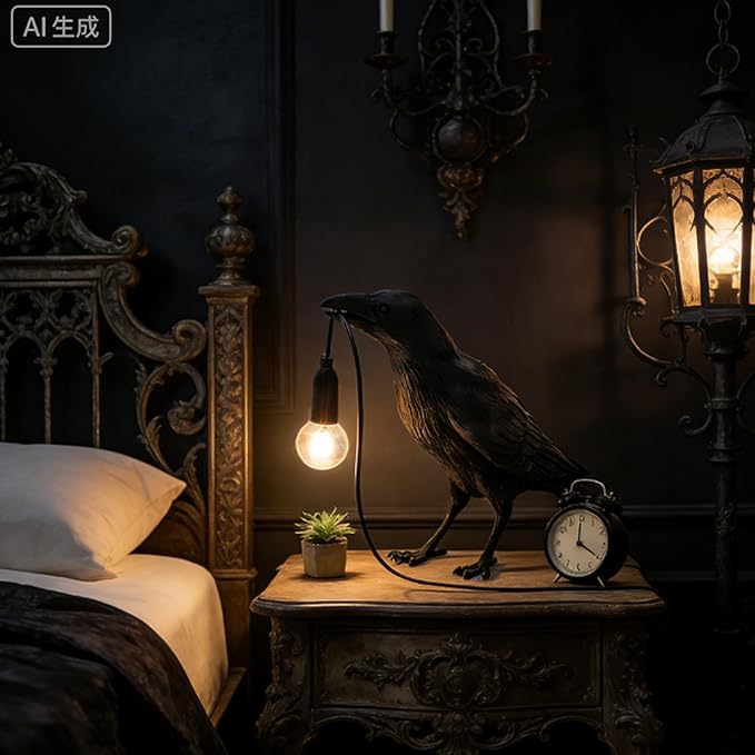 Gothic Crow Raven Table Lamp Animal Desk Light Decor | Lifelike Bird Raven Crow Lamp Gothic Animal Light for Bedroom Bedside Home Decor | Calcifer Goth Xenomorph Lamp for Gothic Style Lovers