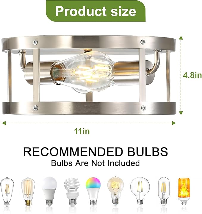 2-Light Industrial Flush Mount Ceiling Light Fixture,Brushed Nickel Farmhouse Ceiling Light Fixture,Modern Flush Mount Light Fixture for Kitchen Bedroom Living Room Hallway 2 Pack