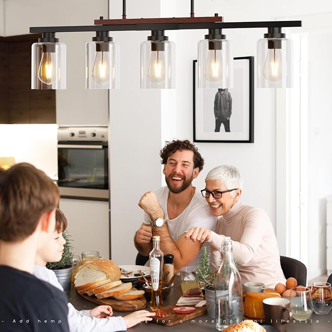 5-Light Kitchen Island Light, 33.4" Island Lighting with Black Metal & Wood, Dining Room Light Fixture for Kitchen Island, Adjustable Height (Bulbs Not Included)