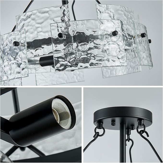 XINGQI Black Ceiling 4-Light Modern Farmhouse Water Ripple Glass Ceiling Lighting Fixture 15.7" Drum Ceiling Lights for Bedroom Dining Room Living Room Hallway Entryway