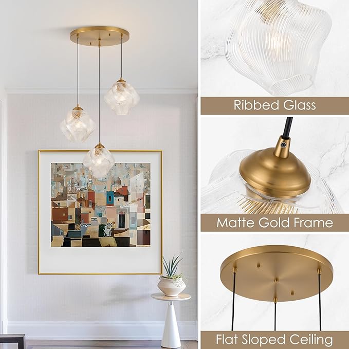 3-Light Cluster Pendant Lights, Mid Century Modern Cluster Chandelier with Ribbed Glass, Brass Gold Pendant Lighting for High Ceiling, Kitchen Island, Staircase, Dining Room, Living Room