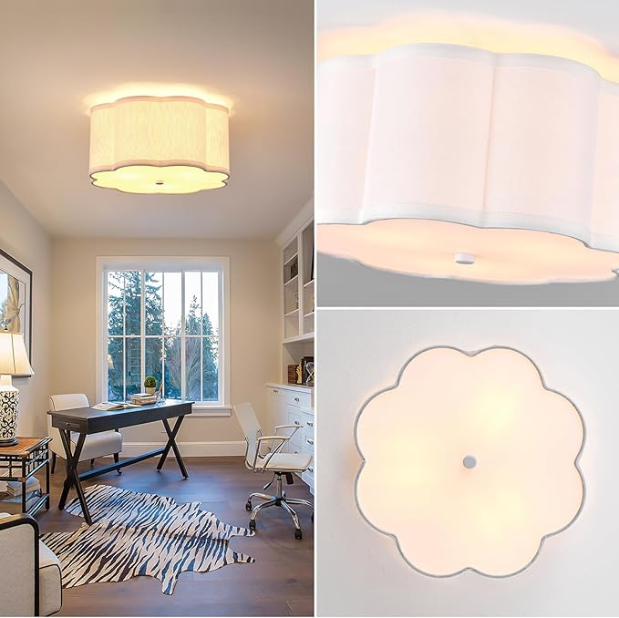 Modern Drum Semi Flush Mount Ceiling Light Fixture Modern 12.99” White 3-Lights Drum Ceiling Lighting Vintage Linen Ceiling Lamp for Kitchen, Basement, Dining Room, Bedroom, Laundry Room