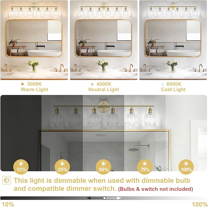 Vintage Bathroom Light Fixtures,6-Light Hardwired Vanity Lights with Clear Tulip Glass Shade,Gold Bathroom Vanity Light for Mirror Restroom,E26 Socket,40.55 in(Bulbs Not Included)