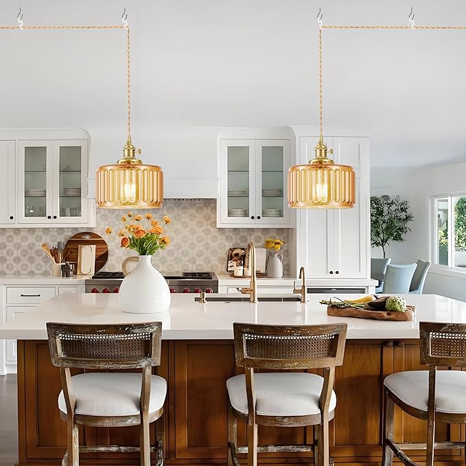 Plug in Pendant Light, Hanging Lights with Plug in Cord, Hanging Light Fixture with Clear Glass, E26 Pendant Lighting for Kitchen Island, Bedroom, Dining Room- Amber Color