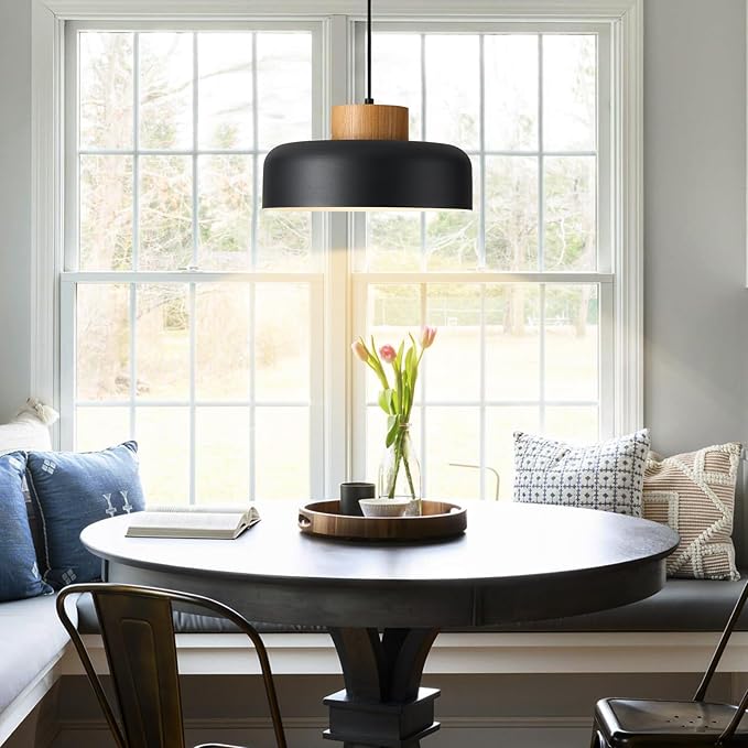 Modern Farmhouse Pendant Lights, 12.6 inch,Natural Wood Cap, Small Simple Ceiling Light Fixture for Kitchen Island, Dining Area, Matte Black