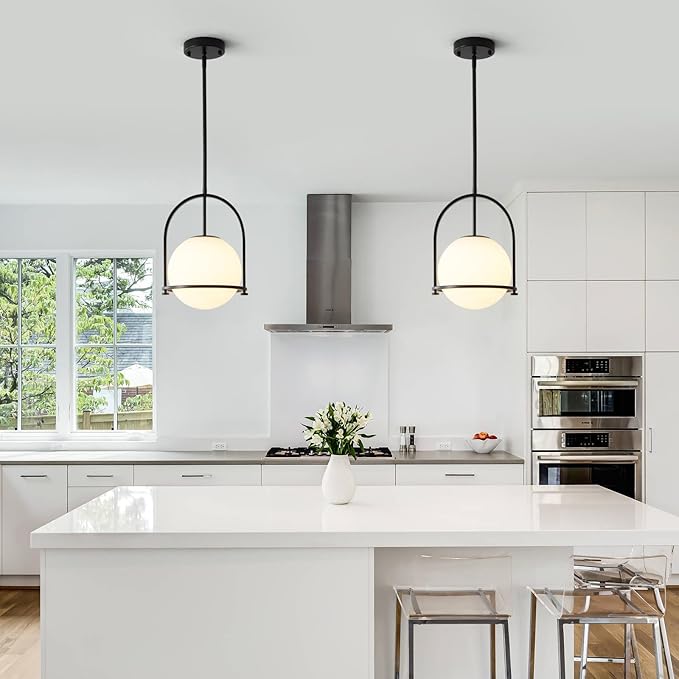 youngrender Modern Black Schoolhouse Pendant Light Fixture, 6" Black Globe Pendant Lighting with Hanging Adjustable Height, One Light Milk Glass Chandelier for Kitchen Island Dining Room Hallway