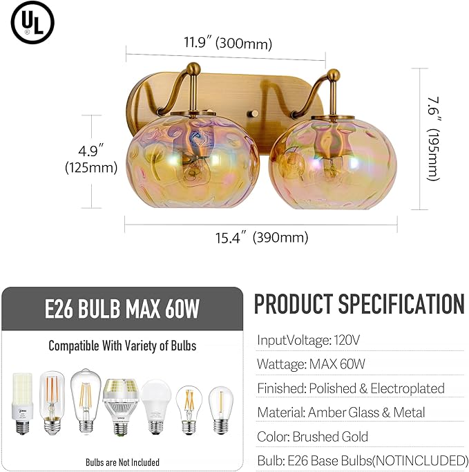 Brushed Gold Vanity Light Amber Hammered Glass Wall Sconce 2-Light Brass Wall Lamp for Hallway Living Room Stairwell Bathroom Over Mirror