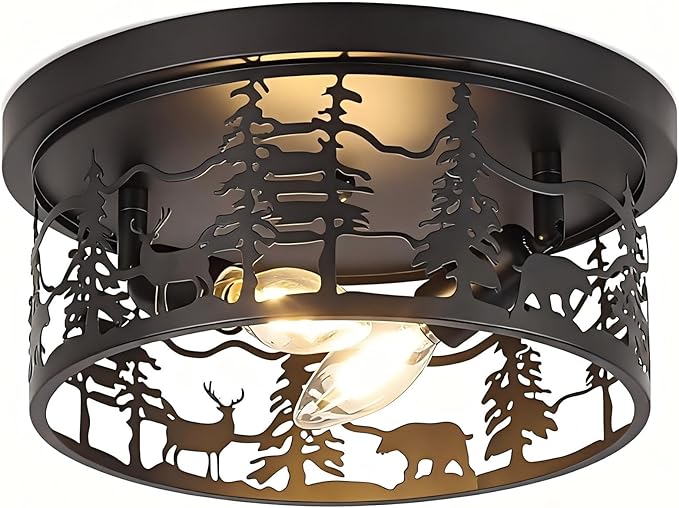 Rustic Farmhouse Flush Mount Ceiling Light, 2-Light Black Metal Bear Design E12 Round Ceiling Light Fixture, for Kitchen, Bedroom, Foyer, Cabin Lighting (Bulbs Not Included)