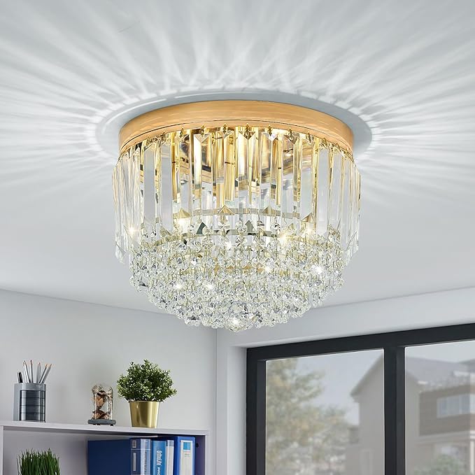 YMP&YZX Modern 3-Lights Crystal Chandelier French Gold,11.8" Semi Flush Mount Crystal Ceiling Light LED Round Chandelier Light E12 Base for Bedroom Living Room