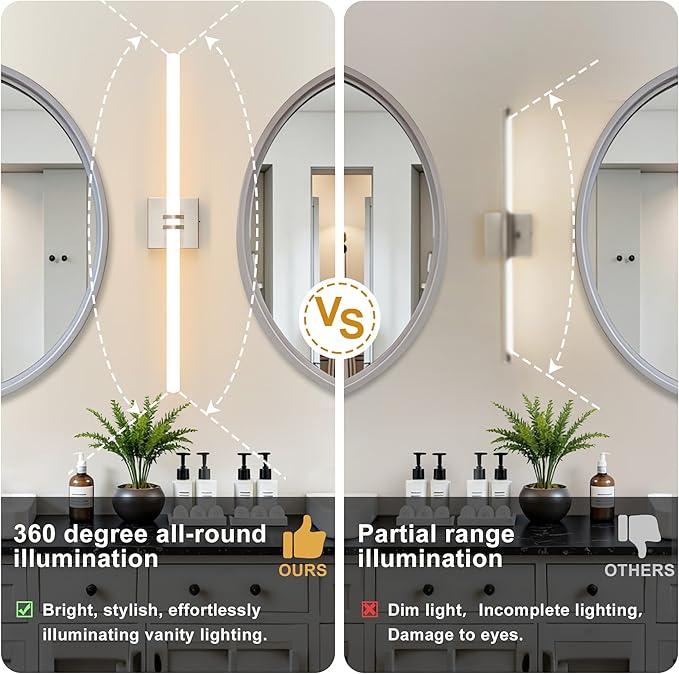Bathroom Light Fixtures, Brushed Nickel 28W LED 360° Full Lighting Modern Wall Sconce Vanity Light with 5-Color Dimmable 3000K-6000K, 29.92inch Vanity Lighting for Bath, Bedroom, Hallway