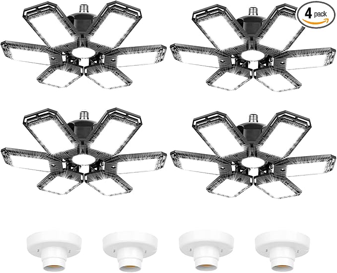 4 Pack LED Garage Lights 180W Deformable 18000LM Close to Ceiling Light Fixtures E26 E27 Screw-in Six Leaf Glow Lighting, Ultra Bright LED Shop Light with 6 Adjustable Panels for Work Shop Warehouse