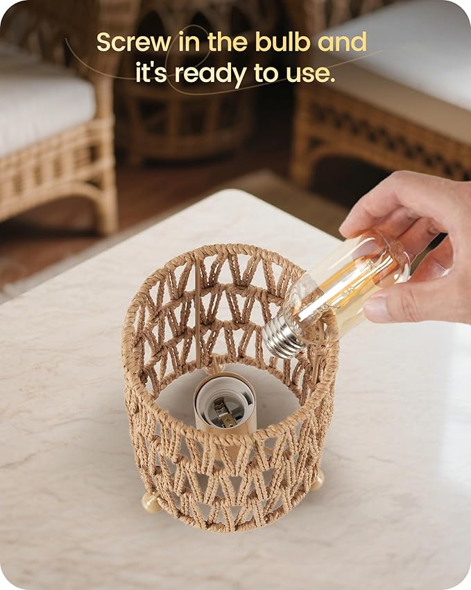 Small Rattan Table Lamps Set of 2, Boho Bedside Lamps Plug in, Handwoven Paper Rattan Lampshade, 2400K LED Bulb Included, Desk Lamp, Nightstand Lamp for Bedroom, Living Room, Mesh H11TLP205