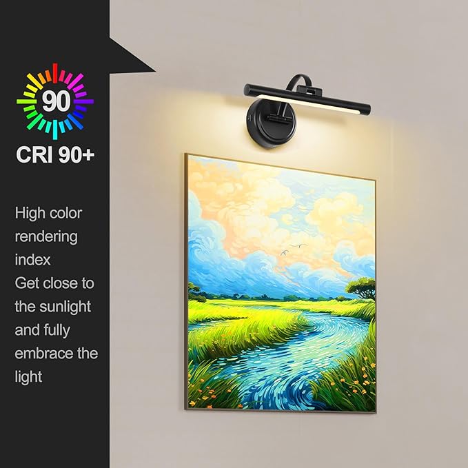 Tassuowell Rechargeable Picture Light for Wall, Cordless Art Lights Battery Operated, Dimmable Wall Light with Remote & Timer, 3 Color Modes for Paintings, Gallery, Artwork(Black, 12inch)