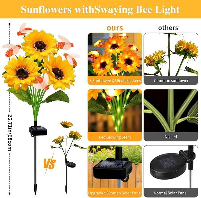 Kohlrabi Solar Garden Lights-6 Pack Solar Sunflowers with Swaying Bees, Gifts for Mom Women Mothers Day Birthday, Waterproof Sunflower Light for Outdoor Patio Yard Decor