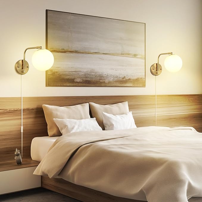 VATONI Dimmable Wall Sconces Plug in, Swing Arm Wall Lights with Plug in Cord and Dimmer On/Off Knob Switch, Dimmable Wall Light with Milky White Glass Globe Shade(2 Bulbs Included)