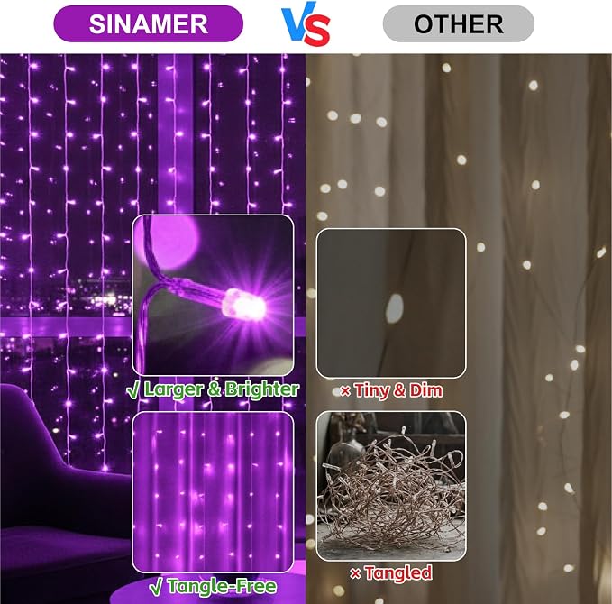 Curtain Light for Bedroom, 200LED 6.6x6.6ft Purple Window Wall Hanging Fairy Curtain String Light, 8 Modes Remote Fairy String Lights Indoor for Wedding Party Home Garden Decorations