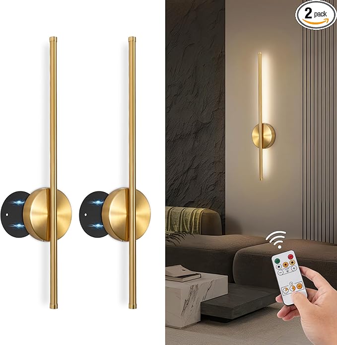 TaoFiaCo Battery Operated Wall Sconces Set of Two,Rechargeable Wall Sconces Set of 2 with Remote Control Dimmable Wall Light Decor for Living Room, Bathroom for, 24 Inch, Gold