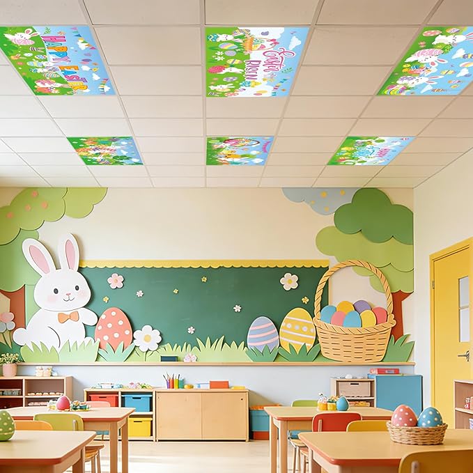 8 Pcs Fluorescent Light Covers for Classroom Ceiling Light 4 x 2 Feet Magnetic Lights Covers Filter Easy Install for Office Hospitals Home Supplies(Easter Eggs Bunnies)