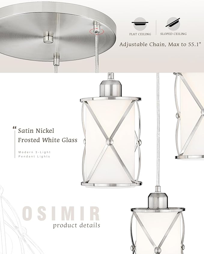 Brushed Nickel Dining Room Chandelier Light Fixture, 3-Light Pendant Lighting with Frosted Glass, Modern Kitchen Island Cluster Hanging Pendant Lights for Sink, CH9176BNW3