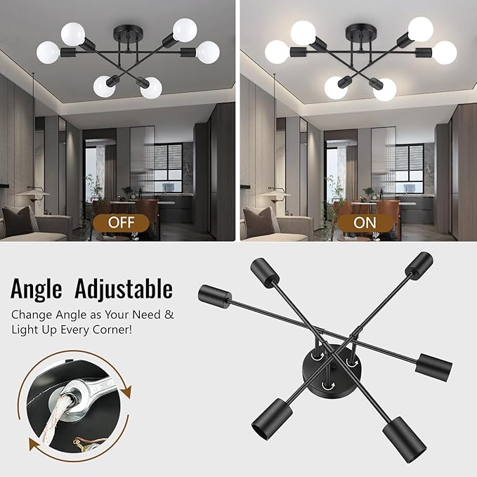 Ceiling Light Fixture, 6-Light Ceiling Light Chandelier, Modern Dinning Room Light Fixture, Sputnik Light Fixtures Ceiling Mount, Semi Flush Mount Light Fixture For Living Room,Bedroom,Hallway,Kitchen