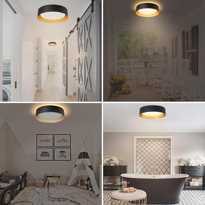 Bargeni Flush Mount Ceiling Light with Remote,Matte Black with Gold Inside,24W/2700K-6000K/with Night Light Mode,12.5 inch LED Flush Mount Light for Bedroom,Living Room,Kitchen