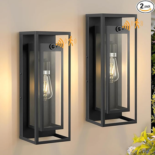 18" Motion Sensor Outdoor Front Porch Light, 2Pack Black Exterior Light Fixture Dusk to Dawn Outside Light for House Exterior Coach Lights with Clear Glass for Garage Porch Patio