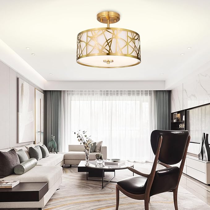 3-Light Semi Flush Mount Ceiling Light, 12.6" Drum Light with White Fabric Shade, Modern Close to Ceiling Lamp for Living Room Bedroom Dining Kitchen Hallway Entry Foyer (Brushed Gold)